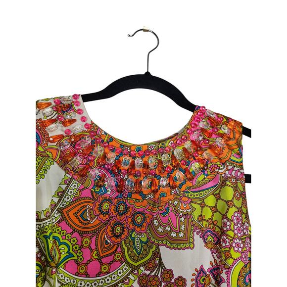 Milly New York 4 Paisly Silk Sheath Dress Beaded Retro Palm Springs Preppy - Picture 5 of 6